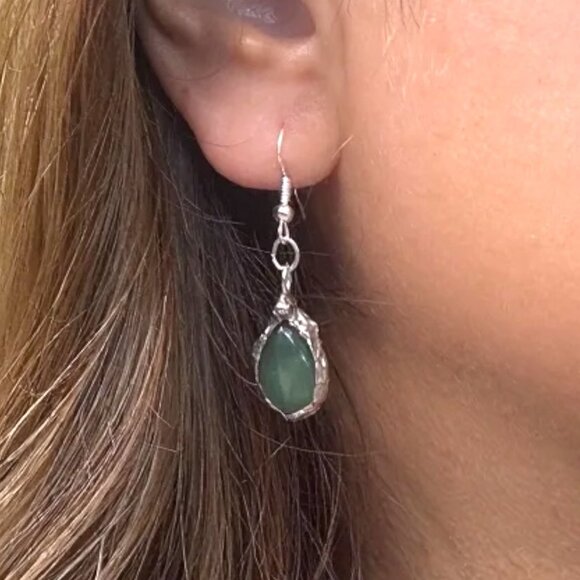 Green Aventurine Teardrop Earrings With Artisan Silver Blend  Bezels & 925 Hooks - Picture 4 of 16